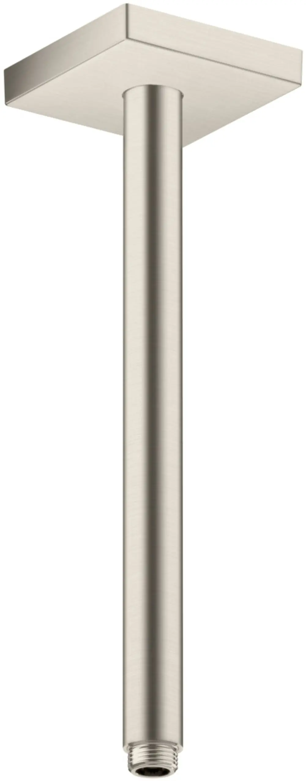 Vertikaler Anschluss aus Edelstahl mit quadratischem Deckenelement. Teil der AXOR ShowerSolutions für die Befestigung in Duschbereichen.